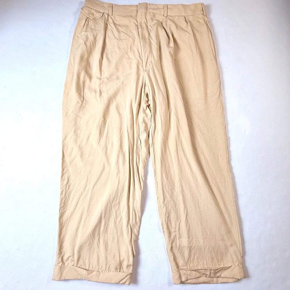 Polo Ralph Lauren Silk Pleated Wide Leg Chino‎ Pants Mens 34x25 Khaki BOHO USA